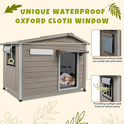 PetsCosset 40.2" L Large Dog House Outdoor & Indoor,Fir Wood Dog Kennel with Weatherproof Openable Asphalt Roof,Spacious Doghouse with Anti-Chewing Metal Edges for Small & Medium & Large Dogs,Grey