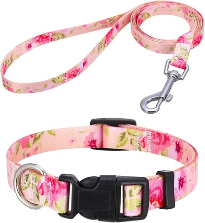 Mihqy Dog Collar and Leash Set with Bohemia Floral Tribal Geometric Patterns - Soft Ethnic Style Collar Adjustable for Small Medium Large Dogs(Pink Rose Set,L)