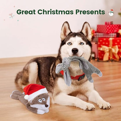 HGB Christmas Dog Toys for Large Dogs with Mini Christmas Hat & Scarf, Squeaky Crinkle Plush Dog Toys for Small, Medium, Large Breed and Puppy Teething, Daily Companionship, Cute Bunny & Redfox