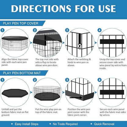 Foldable Metal Wire Dog Pen Pet Playpen Dog Fence Indoor Exercise Pen Enclosure Indoor Outdoor with Bottom Pad and Top Cover (Black 24 top Bottom Cover)