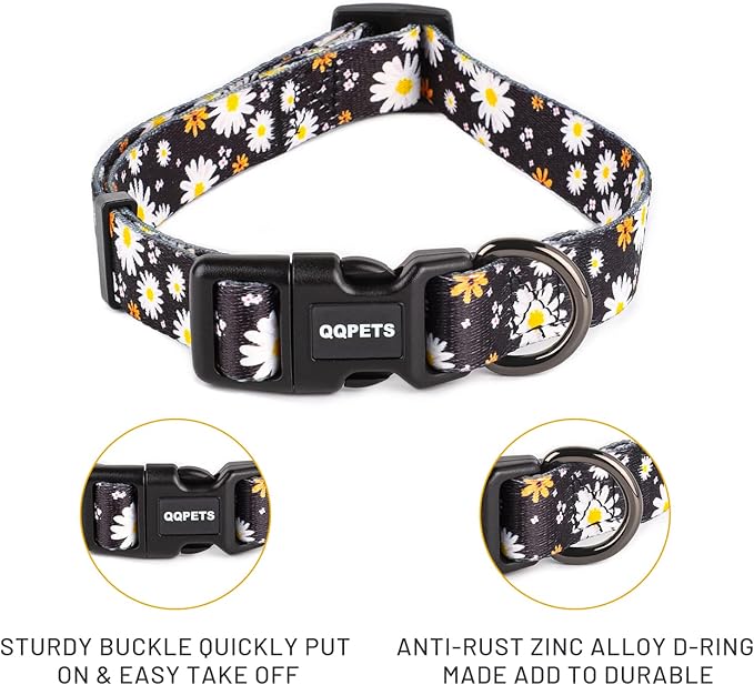 QQPETS Adjustable Soft Dog Collar: Print Flower Pink Multicolor Cute Patterns for XS Small Medium Large Pet Girl Boy Puppy Walking Running Training (L, White Daisy)
