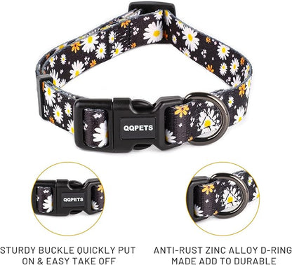 QQPETS Adjustable Soft Dog Collar: Print Flower Pink Multicolor Cute Patterns for XS Small Medium Large Pet Girl Boy Puppy Walking Running Training (S, White Daisy)