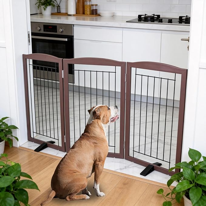 ZJSF Freestanding Dog Fence Indoor, Foldable Dog Gate for Doorways, Stairs or Hallways, Sturdy Wood Extra Wide Pet Gate with Support Feet for The House, Brown, 32 "Height-3 Panels