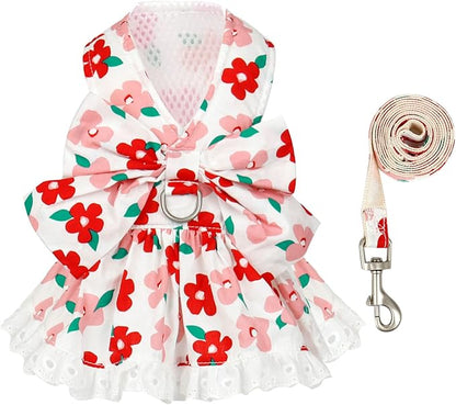 ABRRLO Dog Harness Dress Leash Set for Small Dog Summer Clothes Girl Female Puppy Cats Outfits Cute Floral Bowknot Princess Birthday Dress for Extra Small Pet Doggie Kitten Outfits Apparel(Red,S)