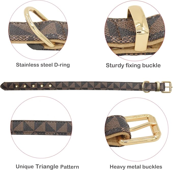Leather Dog Collar and Leash Set, Check Pattern Dog Collar Leashes Metal Buckle Adjustable Durable for Small Medium Large Dogs (Brown, S(11.4-13.4IN))