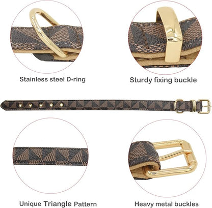 Leather Dog Collar and Leash Set, Check Pattern Dog Collar Leashes Metal Buckle Adjustable Durable for Small Medium Large Dogs (Brown, S(11.4-13.4IN))