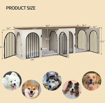 Hzuaneri 88.4" Dog Crate Furniture for 2 Dogs, Heavy Duty Indoor Dog Kennel TV Stand, XXL Wooden Dog Cage with Divider for Medium Large Dogs, End Table Dog Crate with Cushion, White Brown DFC84014BV1
