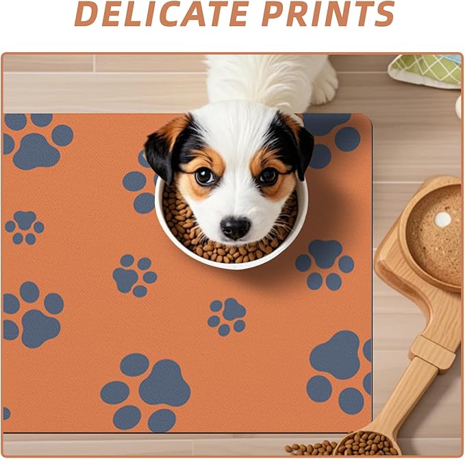 18"×30" Dog Food Mat-Absorbent Dog Mat for Food and Water, No Stains Quick Dry Cat Food Bowl Mat with Footprints for Messy Drinkers,Orange