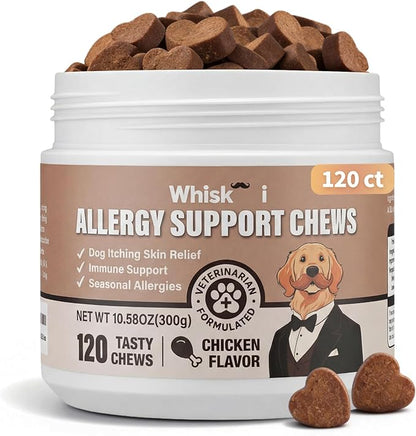 Dog Allergy Relief Chews Immune Support for Dogs with Probiotics for Itchy Skin and Hot Spots Allergies Relief, Paw Licking, Dry Skin & Coat Supplement Itching Relief Bites - 120 Ct