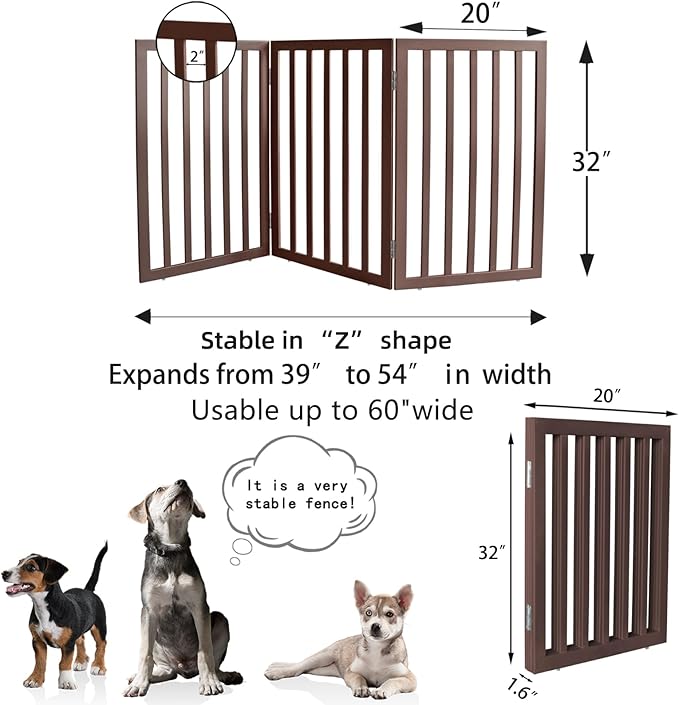 ZJSF Freestanding Indoor Dog Gate for House Foldable Wood Brown Puppy Gate for Doorways Pet Gate for Stairs Extra Wide Pet Fence 32" Height 3 Panels