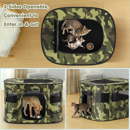 Dog Playpen, Portable Pet Cat PlayPen, 600D Oxford Dog Kennel Tent Crate, Waterproof&Breathable, Indoor Outdoor Travel Camping for Medium/Large Breed with Carrying Case+Bowl(L), Black Camouflage