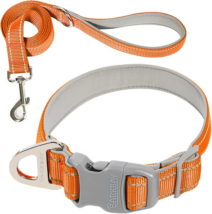 Dog Collar for Medium Small Large Dogs Reflective with Leash,Collar and Leash for Dogs,Soft Neoprene Padded 2 Pack(Orange,L)