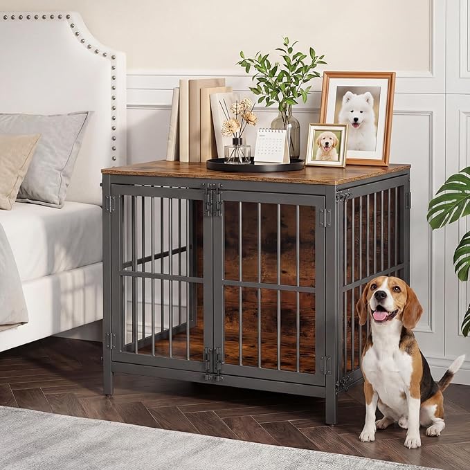 HOOBRO Heavy Duty Dog Crate Furniture, 31.5" Wooden Indoor Kennel with 3 Doors, Chew Resistant Metal Cage for Small and Medium Breeds, Dog Crate Side Table, Black and Rustic Brown BF81GW03