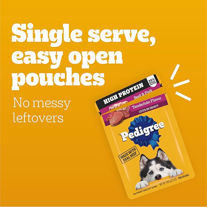 Pedigree High Protein Dog Food, Adult Wet Dog Food Pouches, Beef & Pork Tenderloin, 3.5 oz. Pouches, 16 Count