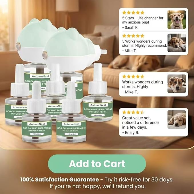 Dog Pheromone Diffuser Kit, Pet Diffuser for Stress Support, Reduces Stress and Promotes Relaxed Behavior, 2 Plug-in + 4 Packs Refill, 120 Day Supply (Non-Toxic, Safe & Inedible), Diffuser with Light