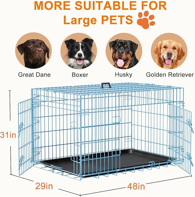 FDW XL Dog Crate 48inch Dog Cage Foldable Metal Kennel with Leakproof Tray Foldable Design Indoor Outdoor Use for Extra Large Dogs,Blue
