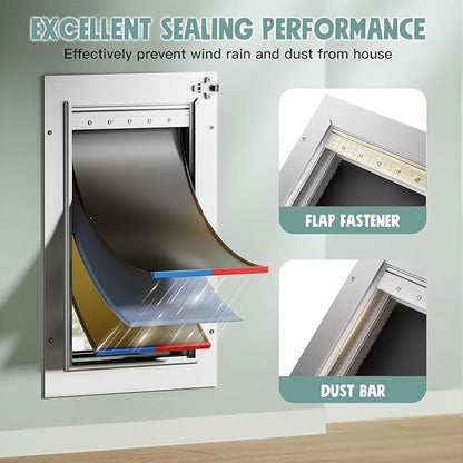 3-Flap Insulated Aluminum Doggy Door for Walls, Heavy-Duty Telescoping Pet Door with Dual Security Locks & Magnetic Flaps, Closing Panel, Medium, Pets Up to 45 LB