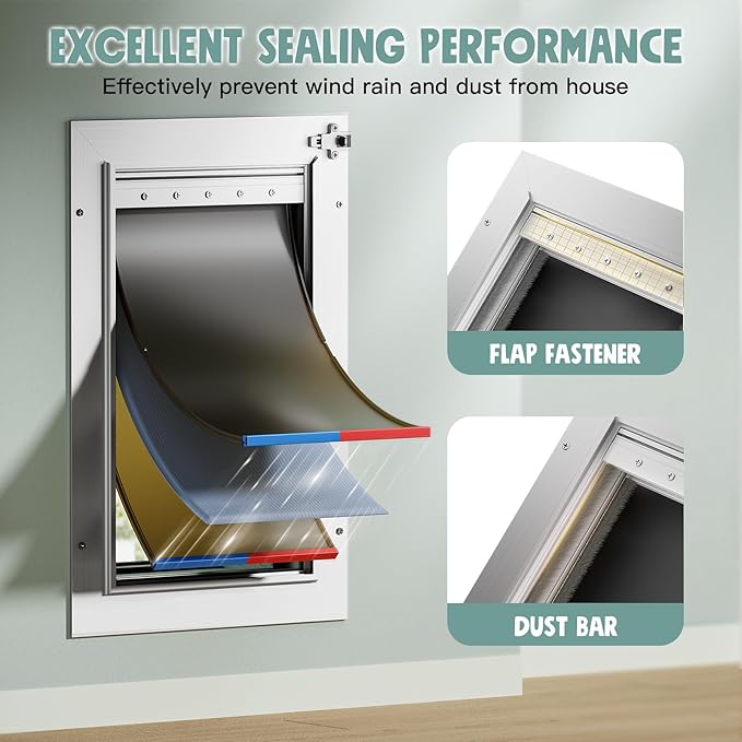 3-Flap Insulated Aluminum Dog Door for Walls, Heavy-Duty Telescoping Pet Door with Dual Security Locks & Magnetic Flaps, Closing Panel, Large, Pets Up to 110 LB