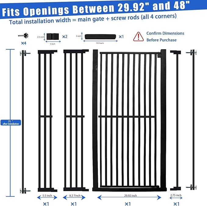 SHYUJAJIE 71 Inch Extra Tall Pet Gate for Cats, 29.5-48" Adjustable Wide Dog Gates, Pressure Mounted Walk Through Tall Cat Gate for Doorways,Hallway,Stairs,House（Black）