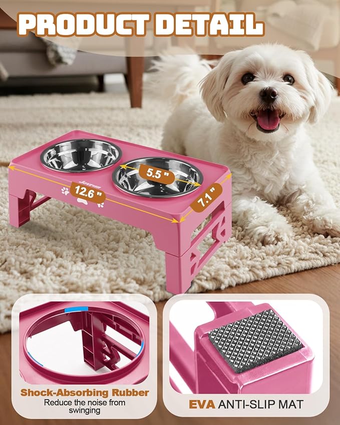 Jovrun Elevated Dog Bowls for Small Dogs and Cats, Non-Slip Cat Bowls with 2 Thick 5.5" Stainless Steel Dishes, Dog Feeder 2 Heights Adjustable to 2.6"-5.3"