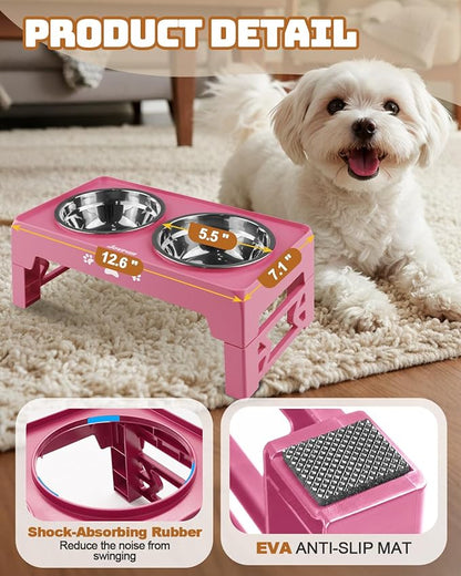 Jovrun Elevated Dog Bowls for Small Dogs and Cats, Non-Slip Cat Bowls with 2 Thick 5.5" Stainless Steel Dishes, Dog Feeder 2 Heights Adjustable to 2.6"-5.3"