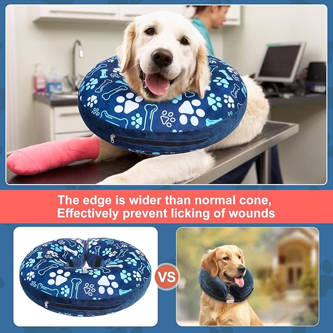 BEAUTYZOO Inflatable Dog Cone Collar, Recovery Dog Cone After Surgery, Adjustable Blow up Dogs Donut Collar, Pet Recovery Collar for Dogs,Navy Blue M