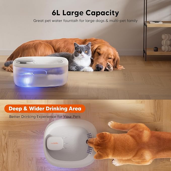 WOPET Dog Water Fountain for Large Dogs, 6L/205oz/1.7Gal Automatic Dog and Cat Water Fountain, Pet Water Dispenser with 6 Filters, Ultra-Quiet Pump, Great for Large Dogs Cats and Multi-Pet Home