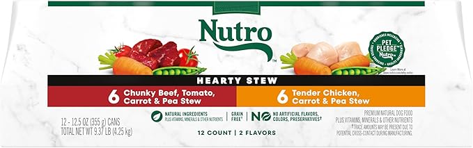 Nutro Hearty Stew Canned Wet Dog Food, Natural Grain Free Dog Food Wet Cuts in Gravy Chicken Beef Variety Pack, 12.5 oz Cans (12 Count, Pack of 1)