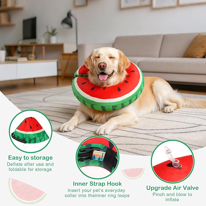 SCENEREAL Dog Cone Alternative After Surgery Donut Collar, Soft Pet Recovery Pillow Collar for Medium Large Dogs, Inflatable Adjustable Neck Collars to Prevent Licking, Watermelon L
