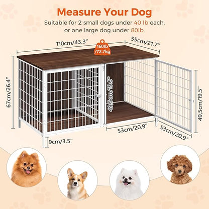 MAHANCRIS Dog Crate Furniture for 2 Dogs, 43.3" Dog Kennel with Removable Divider, Heavy Sturdy Dog Furniture Style Double Cage for Small Medium Dogs, Indoor Pet House End Table, White and Walnut