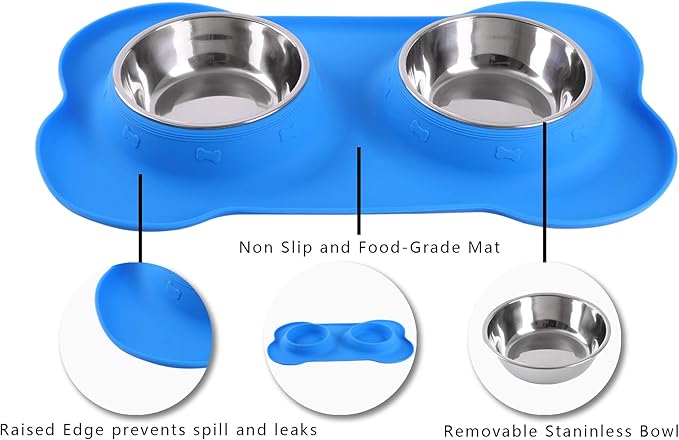 Hubulk Pet Dog Bowls 2 Stainless Steel Dog Bowl with No Spill Non-Skid Silicone Mat + Pet Food Scoop Water and Food Feeder Bowls for Feeding Small Medium Large Dogs Cats Puppies (Small, Blue)