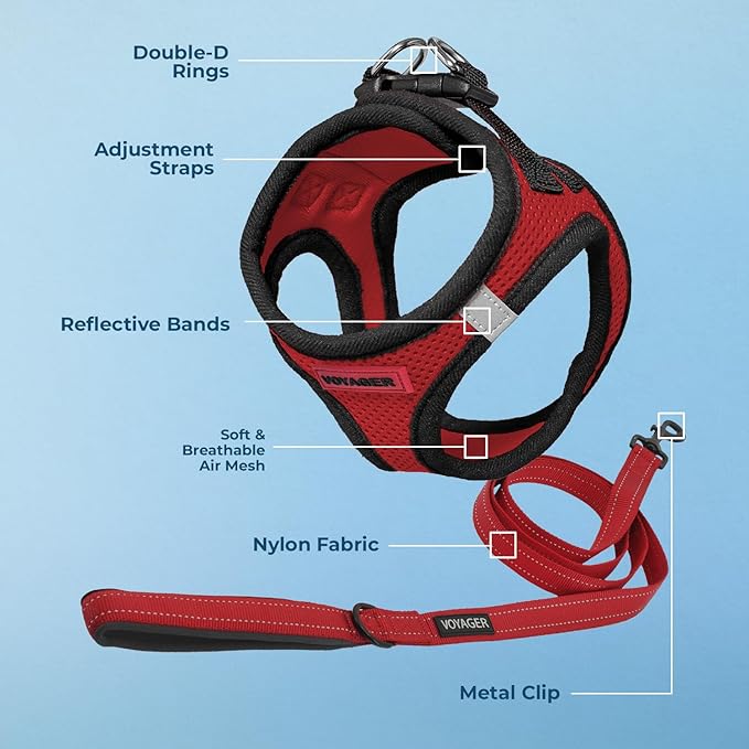Best Pet Supplies Voyager Step-in Air All Weather Mesh Harness and Reflective Dog 5ft Leash Combo with Neoprene Handle, for Small, Medium and Large Breed Puppies - Set (Red/Black Trim), Medium
