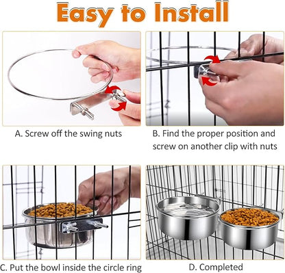Dog Kennel Food and Water Bowls, 2 Pack Hanging Metal Dog Bowls No Spill, Stainless Steel Pet Dish for Small & Medium Breed Pets (6.3 x 2.6” & 5.5 x 2.4”)