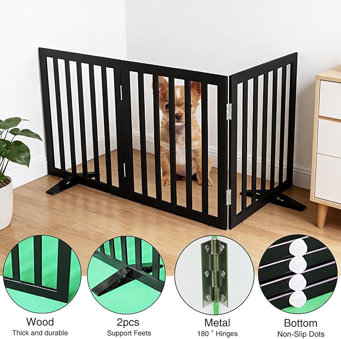 Dog Gate Indoor, Freestanding Dog Fence for The House, Doorways, Hallways,or Stairs,Pet Gate Foldable Wooden,Expandable 24" Height 3 Panels,Black