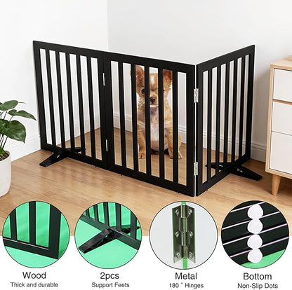 Dog Gate Indoor, Freestanding Dog Fence for The House, Doorways, Hallways,or Stairs,Pet Gate Foldable Wooden,Expandable 24" Height 3 Panels,Black