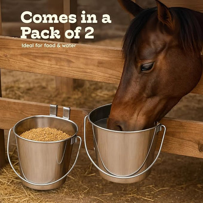 9 Quart Stainless Steel Flat Sided Bucket with Dual Hooks | 2 Pcs Food & Water Bowl for XL Dog Goat Cattle Horse & Livestock | Fits kennel Crate Cages Farm Hanging Pet Pail | Multipurpose