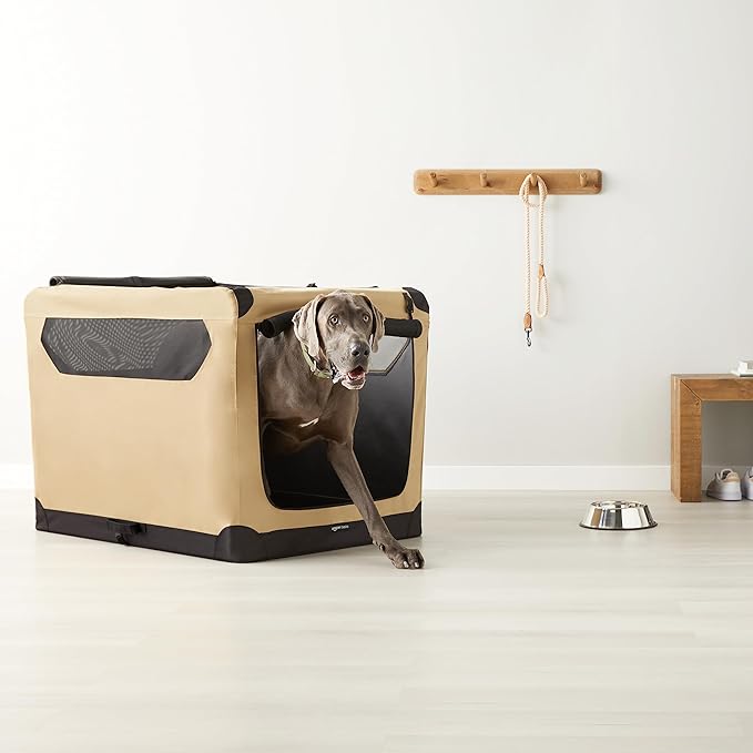 Amazon Basics Portable Folding Soft Dog Crate, Double Door, Collapsible Travel Kennel, Easy to Set Up, Sturdy, Secure, XL 42" x 31" x 31", Tan