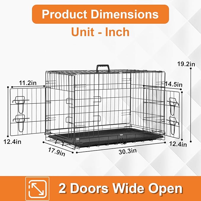 Dog Crate Dog Cage Dog Kennel Outdoor Metal Wire Double-Door Folding Pet Animal Pet Cage for Small Dog 30 inches with Double Door&Leak-Proof Pan Tray,Black