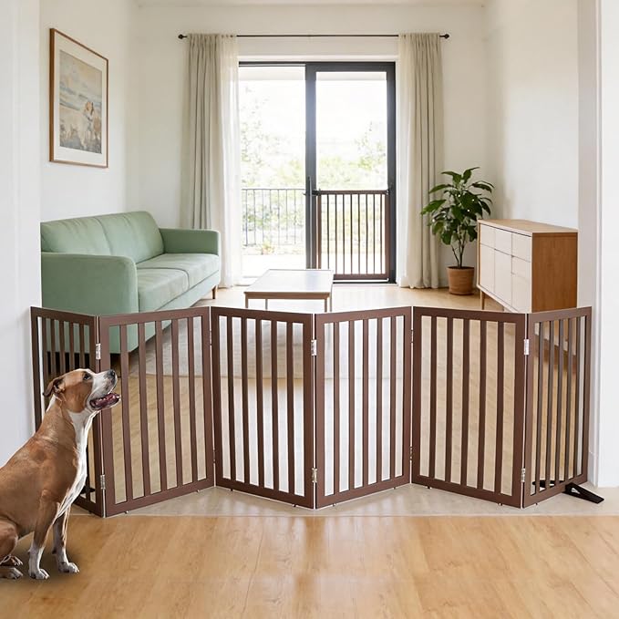 ZJSF Freestanding Indoor Dog Gate for House Foldable Wood Puppy Gate for Doorways Pet Gate for Stairs Extra Wide Pet Fence, Brown, 32" Height 6 Panels
