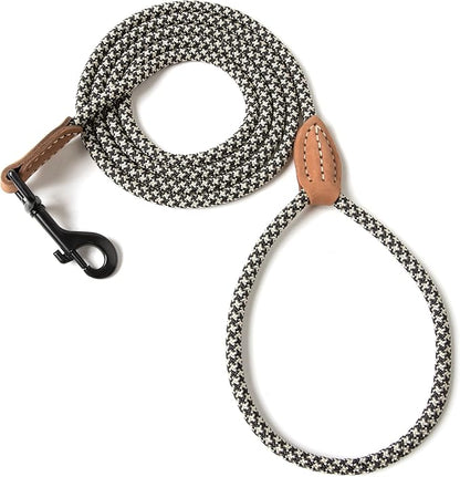 Mile High Life Small Dog Leash, Thin Rope Leash with Genuine Leather Connection and Heavy Duty Metal Clasp, Great for Small Medium Dogs(Black Khaki,72 Inch-1/3)