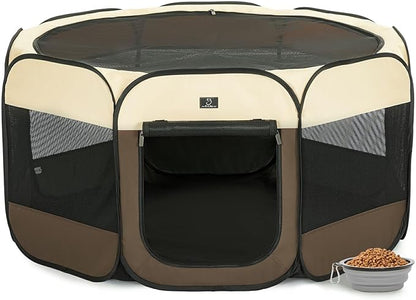 Dog Playpen for Small Dogs & Puppies, 50.39" Portable Indoor Outdoor Puppy Playpen with Bowl, Waterproof Floor, Foldable Pop-Up Pet Pen for Home, Travel & Daily Use, Brown+Beige