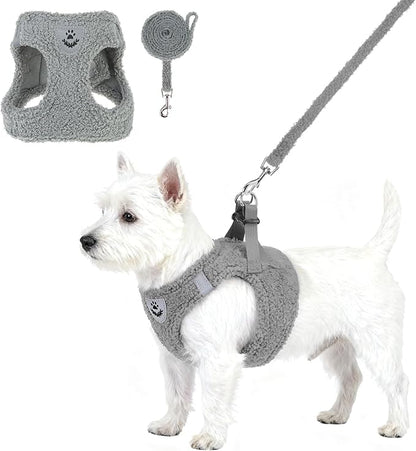 KOOLTAIL Plush Small Dog Harness and Leash Set, Warm Fleece No Pull Puppy Vest for Winter, Lightweight Reflective Step in Pet Harness for Medium Sized Dogs Boy Girl Outdoor Walking Cute Soft, Gray S