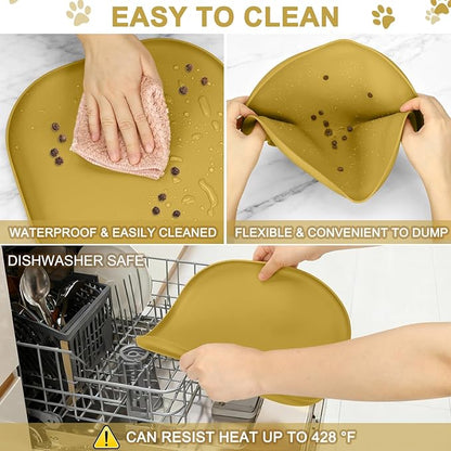 Smilool Small Silicone Pet Food Mat with Raised Edge for Food and Water Bowl, Square Dog Feeding Mats, Cat Food Trays for Floor Waterproof, Rubber Tray for Dogs and Cats, 12 x 12 x 0.7 Honey