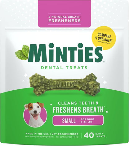 Minties Dog Dental Bone Treats, Tiny/Small Dental Dog Treats, 16 Ounces, Cleans Teeth, Fight Bad Breath, Removes Plaque and Tartar, 40 Count
