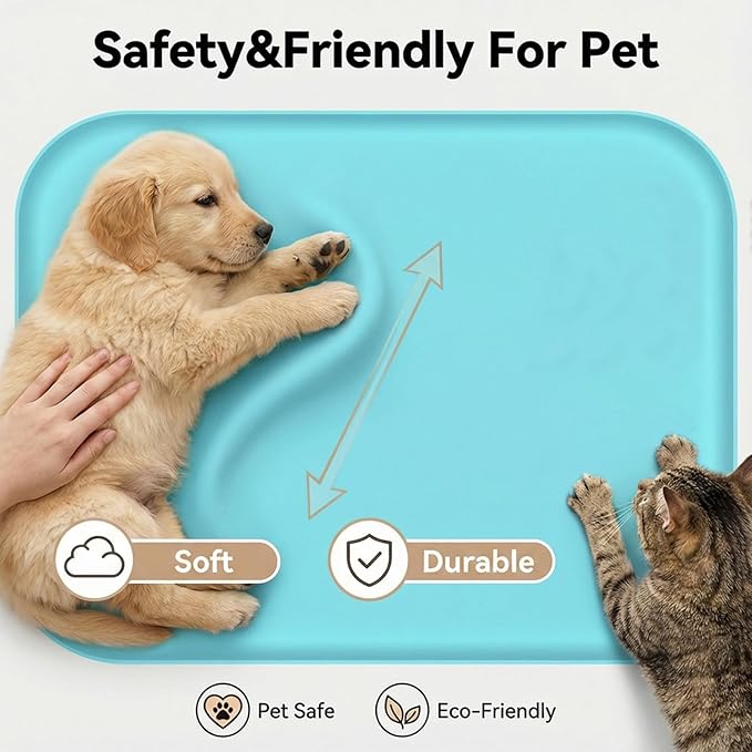 BLESWIN Non-Slip Silicone Dog Food Mat for Food and Water, 18" x 12" Raised Edge Pet Feeding Mat - Waterproof Dog Bowl Mat Easy Clean for Floor Protector,Blue