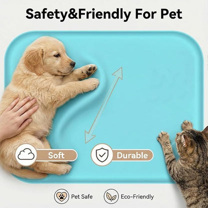 BLESWIN Non-Slip Silicone Dog Food Mat for Food and Water, 18" x 12" Raised Edge Pet Feeding Mat - Waterproof Dog Bowl Mat Easy Clean for Floor Protector,Blue