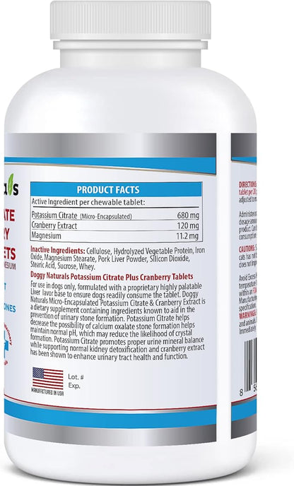Potassium Citrate Plus Cranberry with Magnesium Supplement for Dogs (60 Tablets) - Urinary Tract Support - Helps Deter Formation of Calcium Oxalate Stones-Deters Bladder & Kidney Stones(Made in U.S.A)