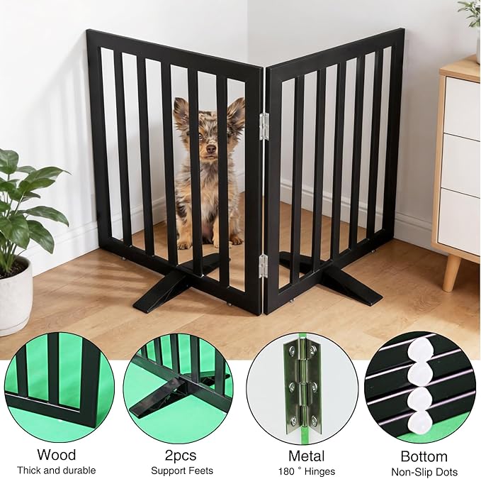 Dog Gate Indoor, Freestanding Dog Fence for The House, Doorways, Hallways,or Stairs,Pet Gate Foldable Wooden,Expandable 24" Height 2 Panels,Black
