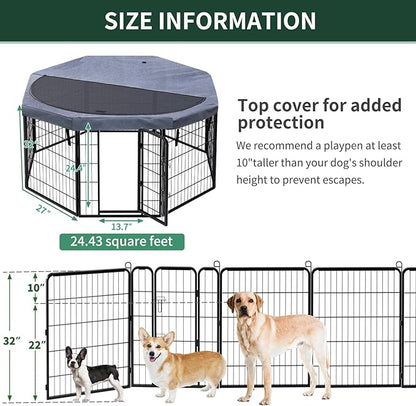 PETIME Dog Playpen,Metal Exercise Puppy Pen Heavy Duty Kennels Yard Fence Indoor/Outdoor 27" W x 32" H 8 Panels Dog Cage with Octagon Top Cover