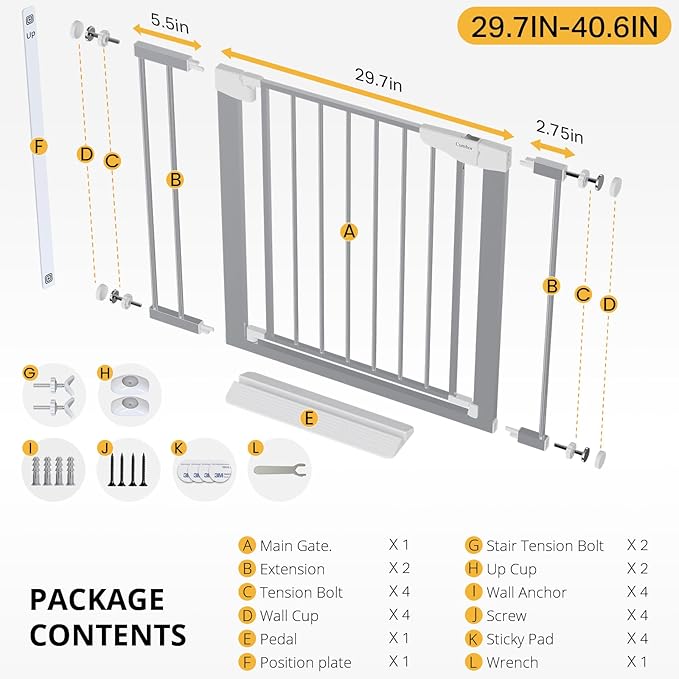 Cumbor 29.7-40.6" Baby Gate for Stairs, Mom's Choice Awards Winner-Dog Gates for Doorways, Pressure Mounted Auto-Close Pet Gates for Dogs Indoor, Safety Child Gate with Easy Walk Thru Door, Gray